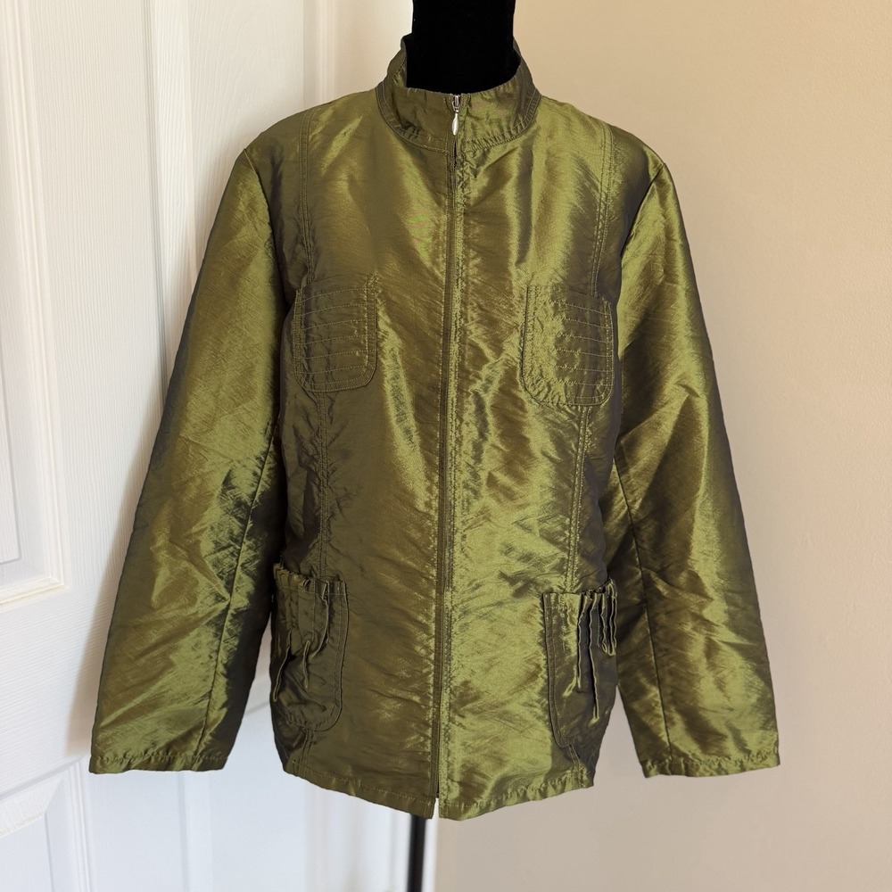 Chico's Chartreuse Green Lightweight Jacket Pockets Metallic Size 2 Glam Bratz
